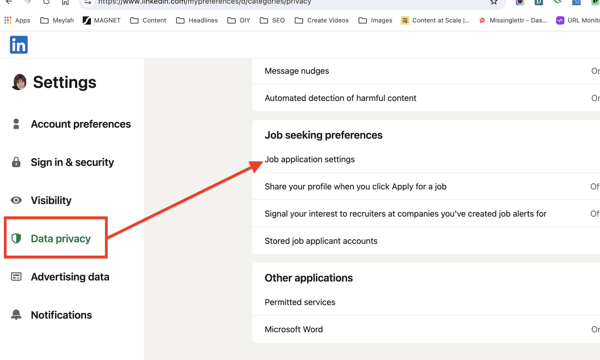 add resume to linkedin - choose data privacy and job application settings