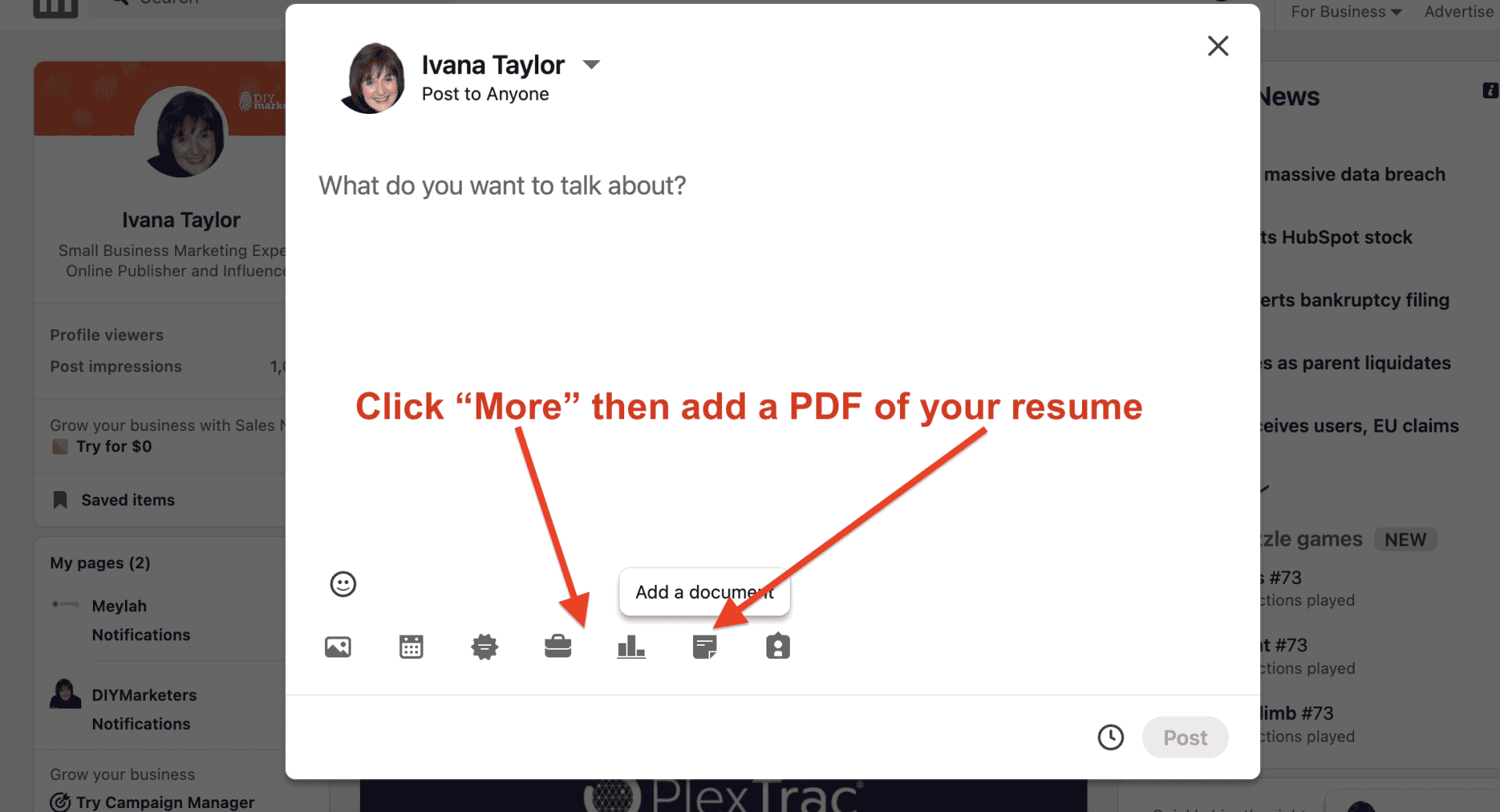 add a resume to Linkedin post - start a post, click more at the bottom select document and upload a PDF of your resume. 