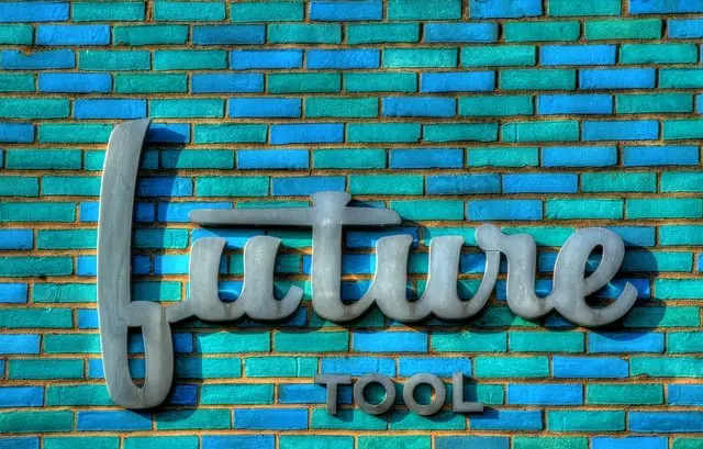 Future Tool printed on blue and green brick