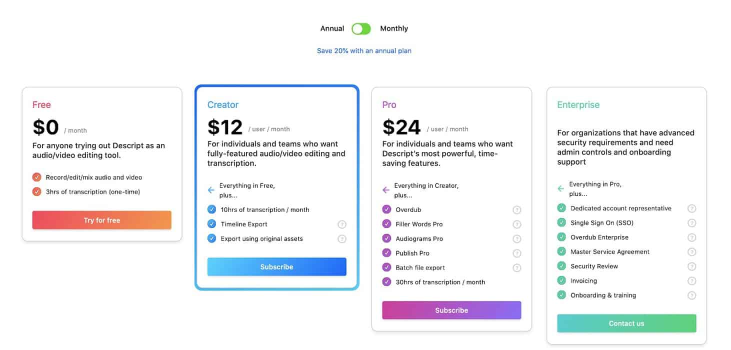 Descript review pricing table