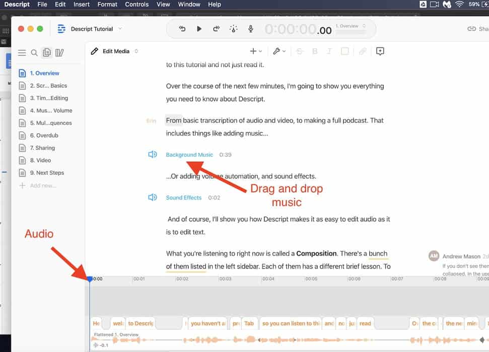 Descript review adding background music