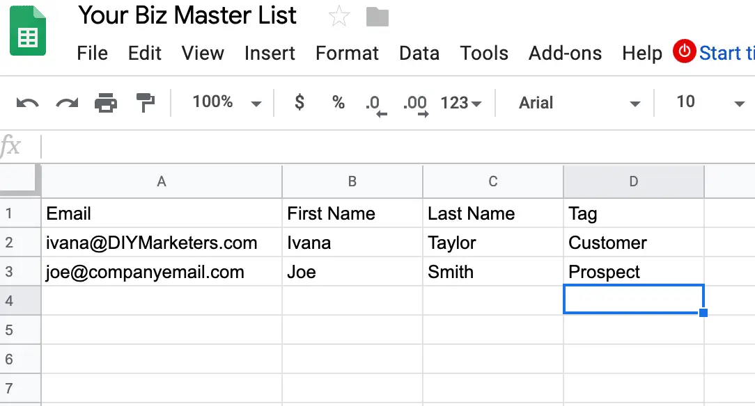 Email Marketing List spreadsheet layout