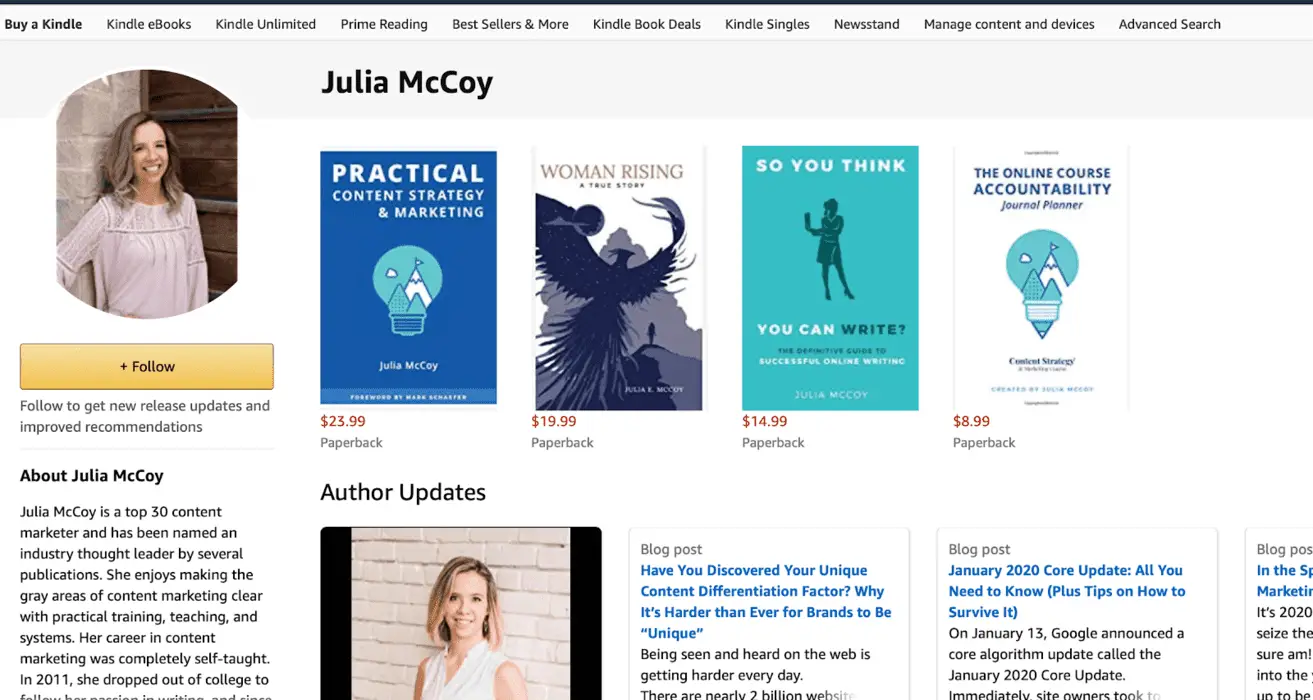 amazon author page for Julia McCoy and multiple books