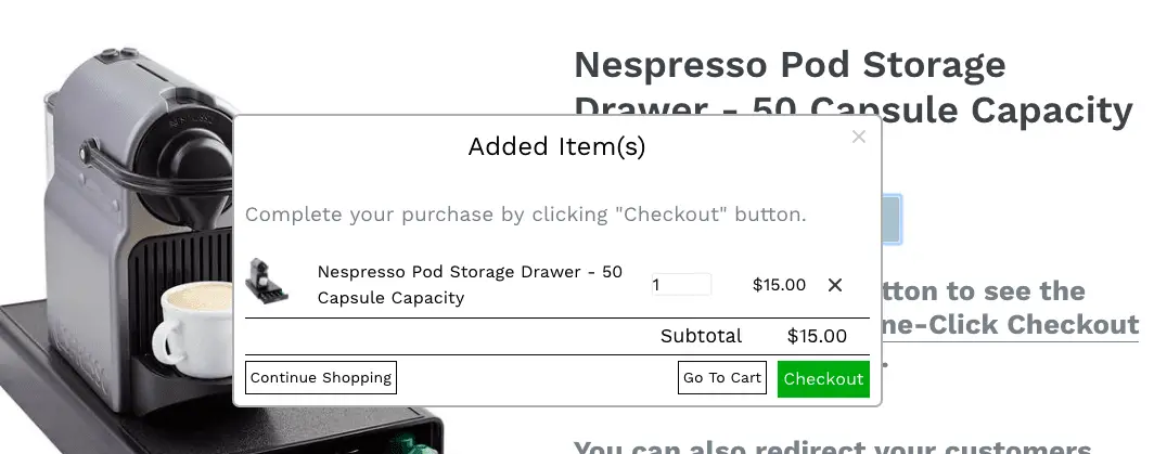 example of checkout page for nespresso pod storage drawer.