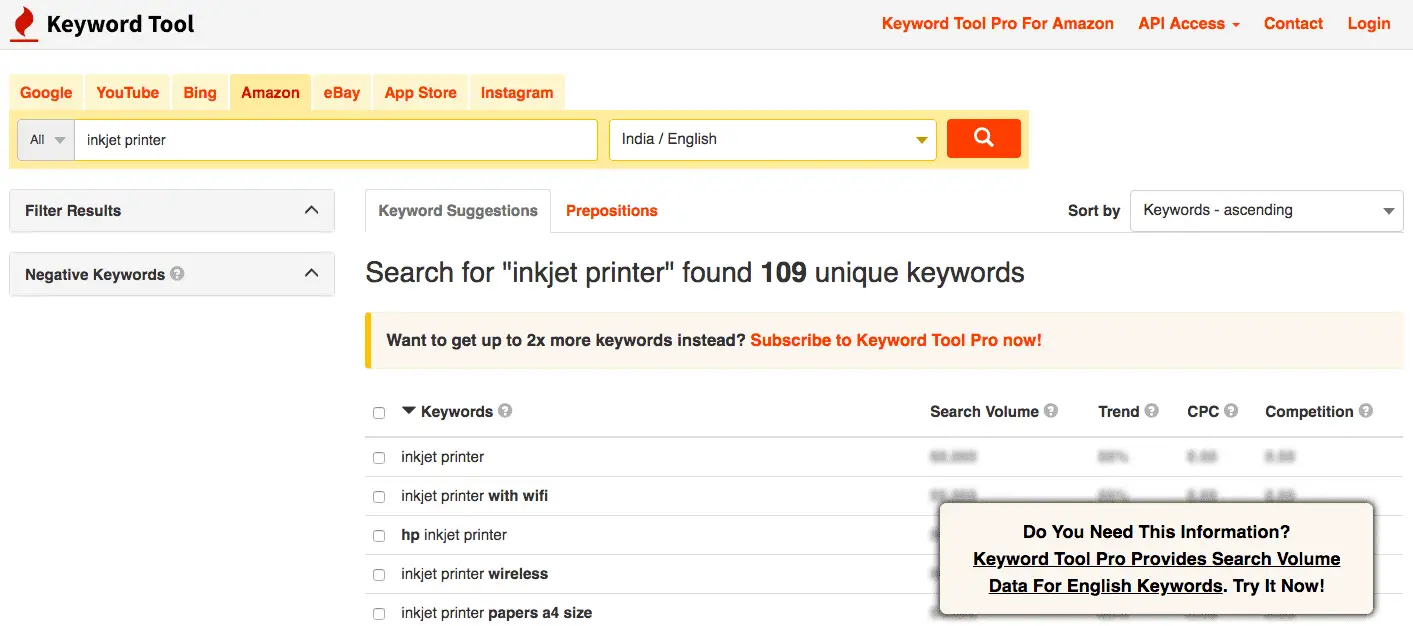 screenshot of amazon keyword tool