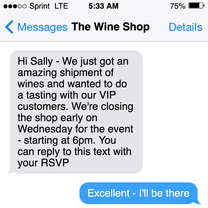 sms text marketing example for a private event invitation