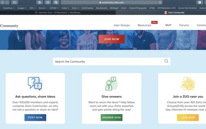 the Zoho community home page