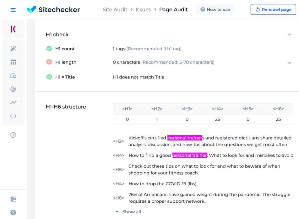 sitechecker content analysis tool