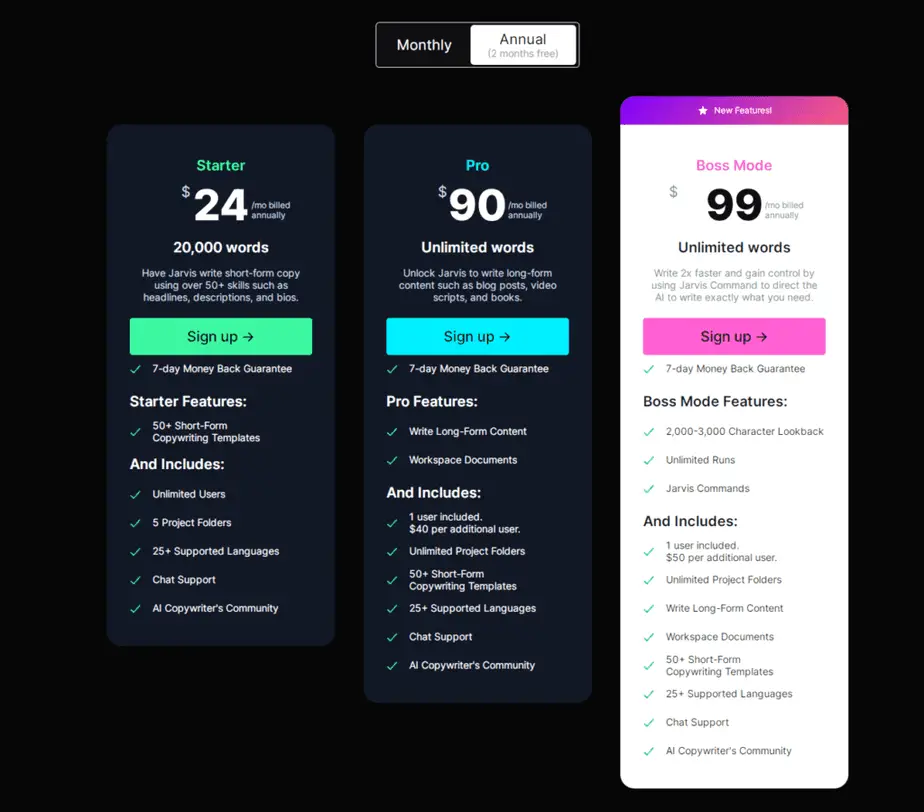 Jarvis pricing table