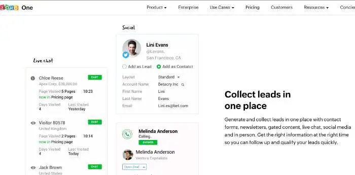 zoho one screenshot showing ability to capture leads from multiple sources