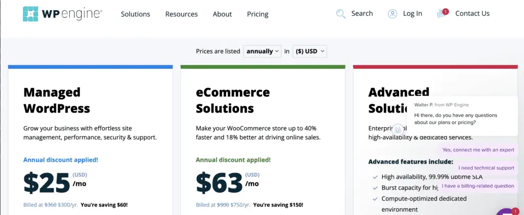 Screenshot of WP engine pricing - to help you choose a web host