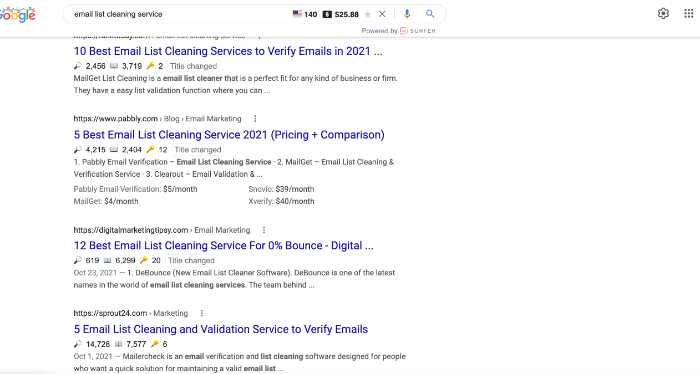 screenshot of search for email list cleaning
