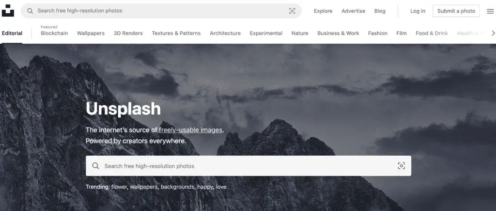 screenshot of unsplash free images for your blog