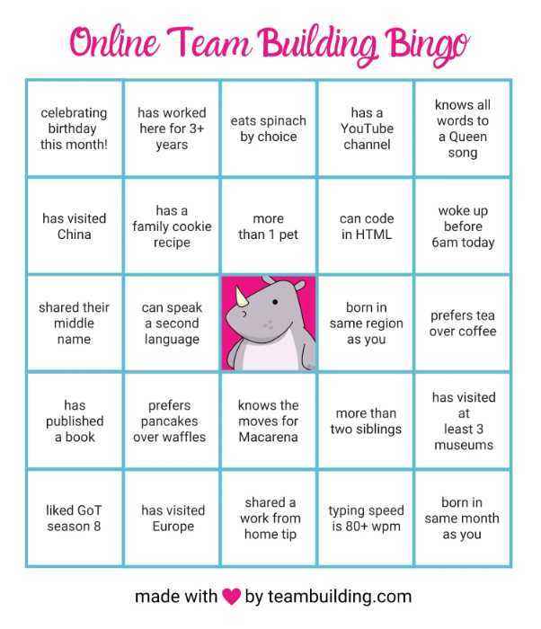 Virtual team building bingo card. 