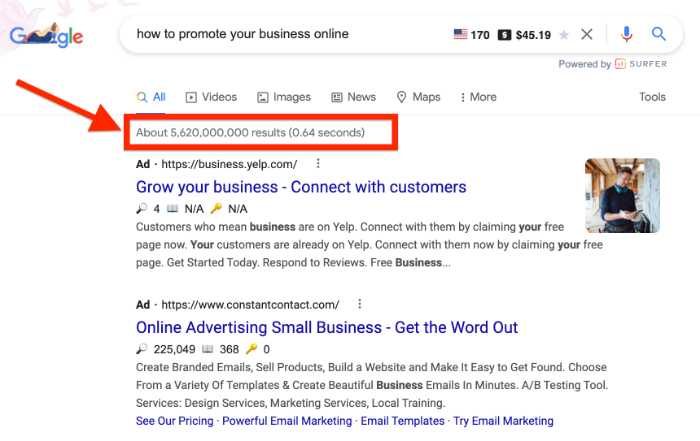 a screenshot of a Google Search for "how to promote your business online" and showing 5.6 billion results.