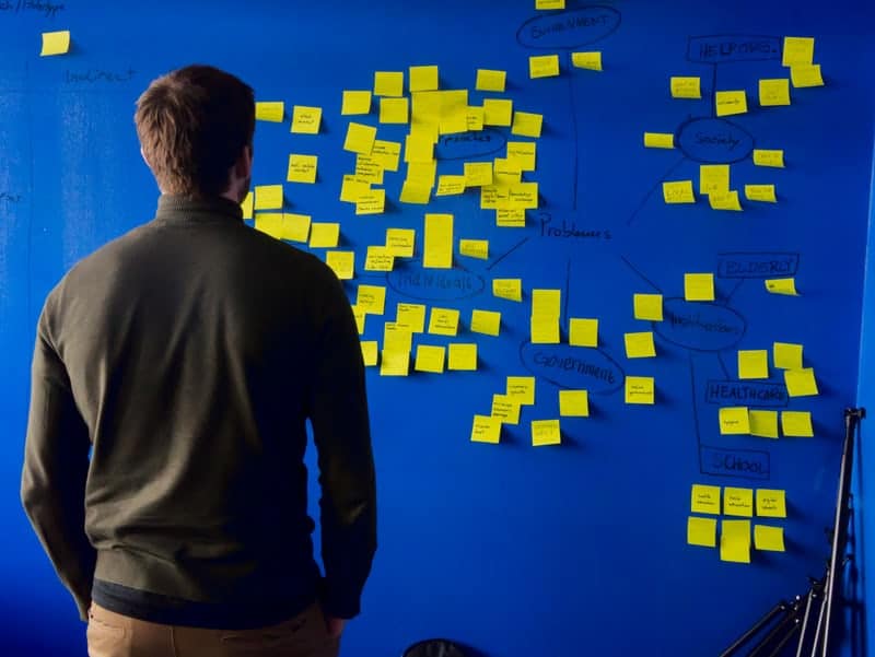 man in front of blue wall looking at yellow sticky notes featuring online lead generation ideas