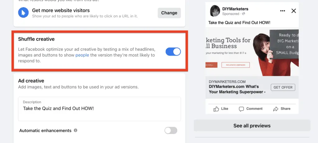 screen shot of how to let Facebook optimize your audiences and messages