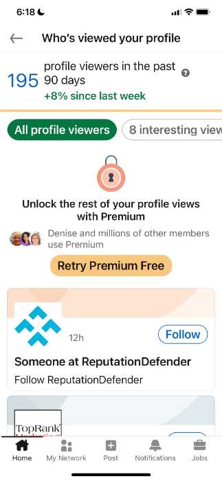 example of LinkedInprofile views on mobile device