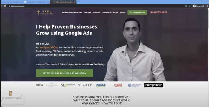 screenshot of Yael consulting landing page for competitive Google Ad