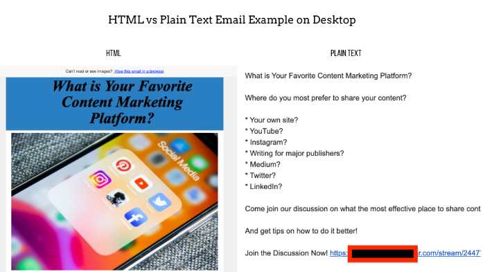 html vs plain text email example on desktop