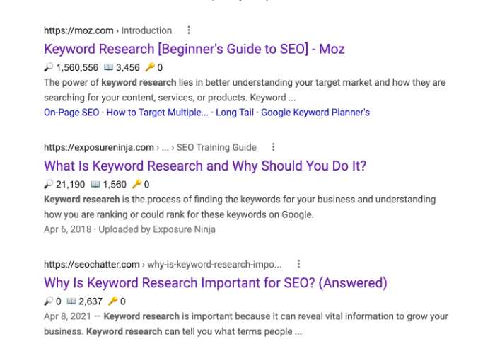google search keyword research results