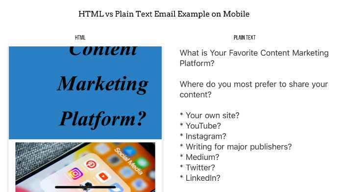 HTML vs plain text email example on mobile device