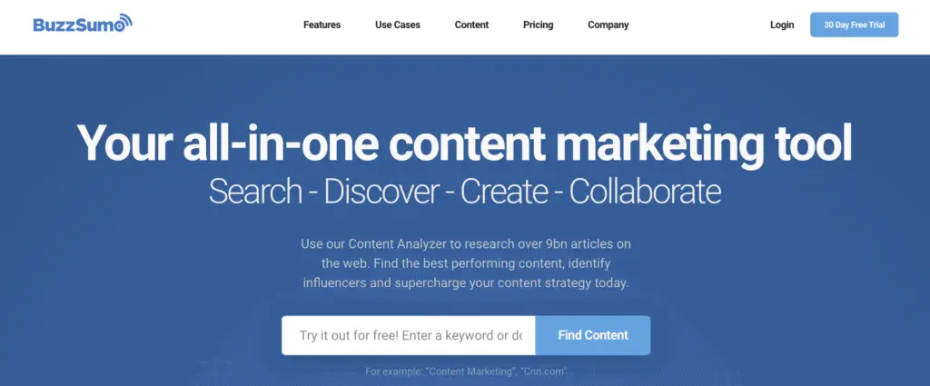 screenshot of buzzsumo home page.