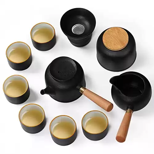 Jotsport Black Pottery Tea Ceremony Set Ceramic Kung Fu Teapot Set Zen Style Tea Service Set with Tea Caddy, Filter, 6 Teacups, Gift Set of 11