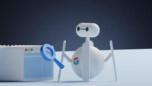 a white robot holding a magnifying glass next to a white box - google serp