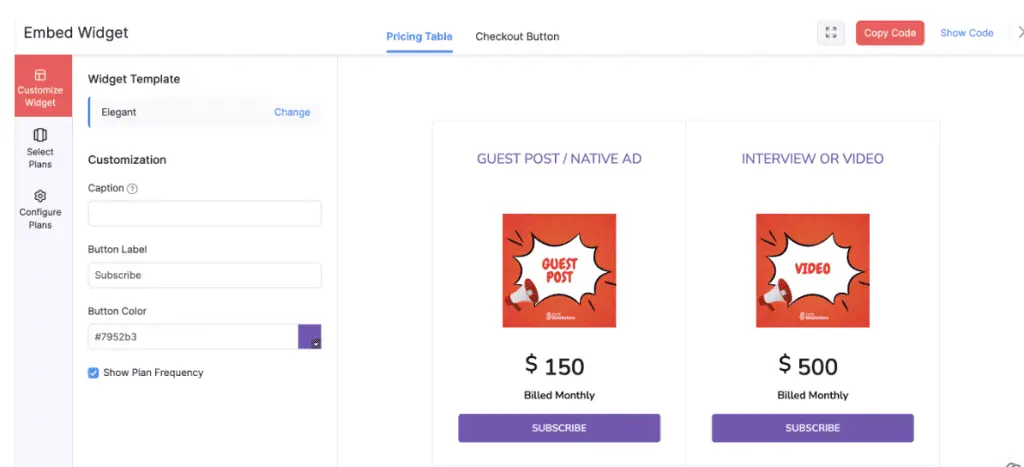 zoho billing create pricing table