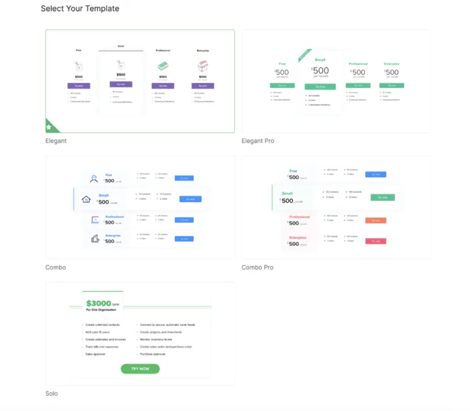 zoho billing pricing table designs