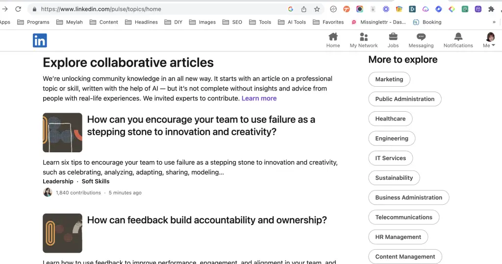 screenshot of linkedin collaborative articles