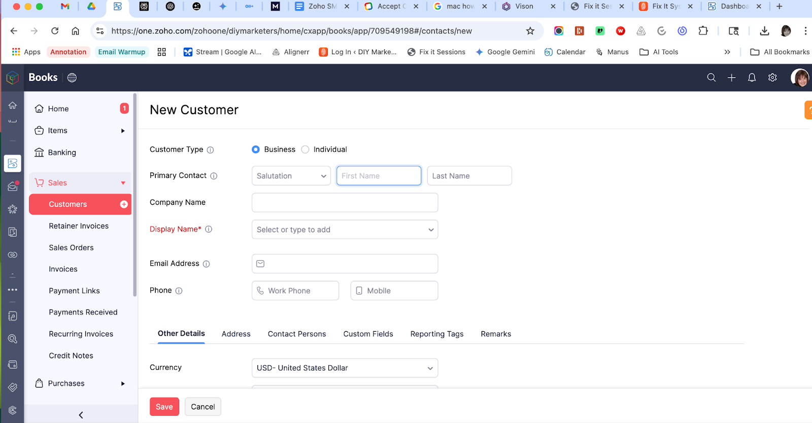 set up a customer in zoho books