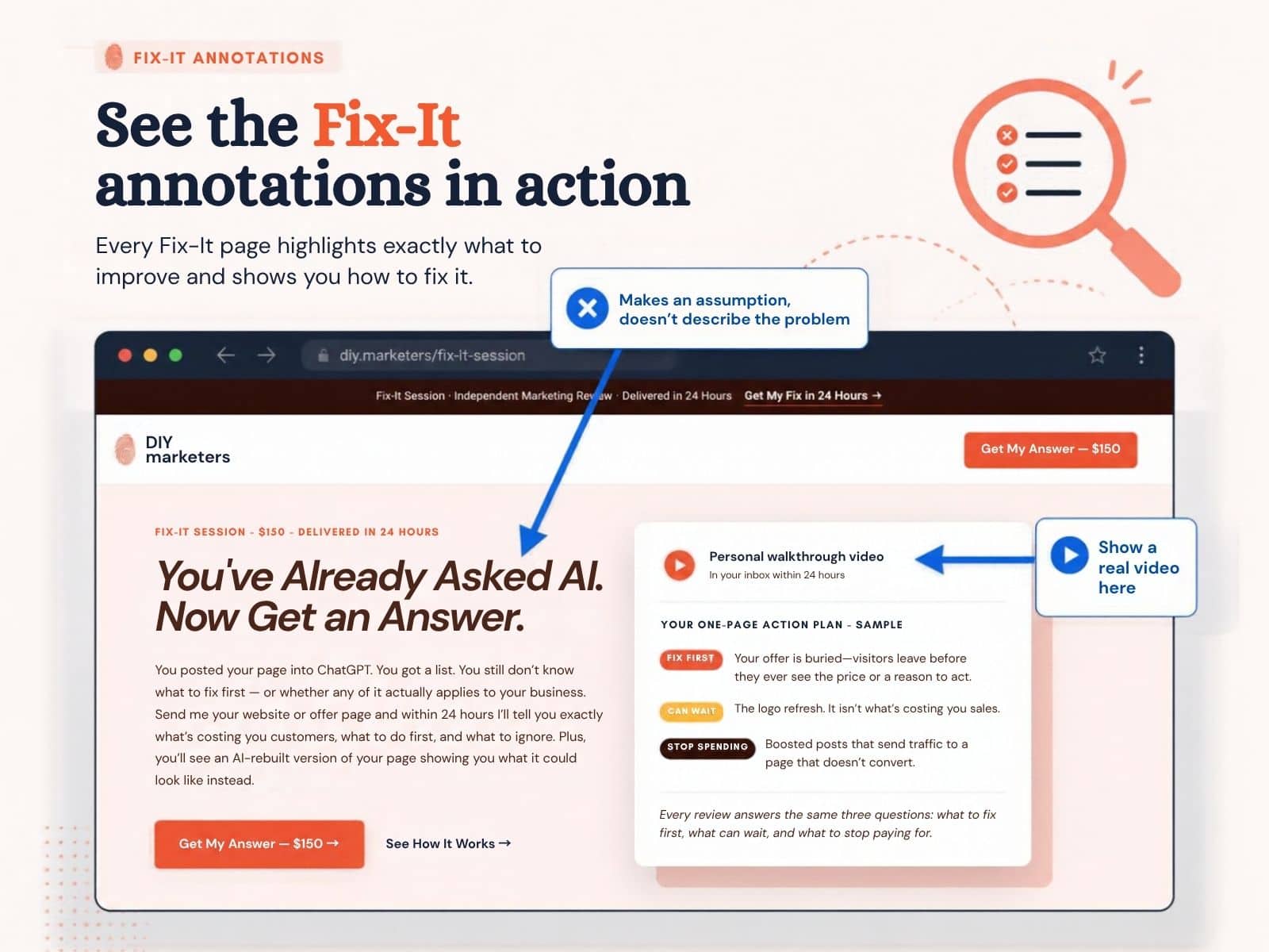 Annotated marketing audit of the previous DIYMarketers Fix-It page: the AI-focused headline makes an assumption and doesn't describe the visitor's problem, and the video placeholder should show a real walkthrough.