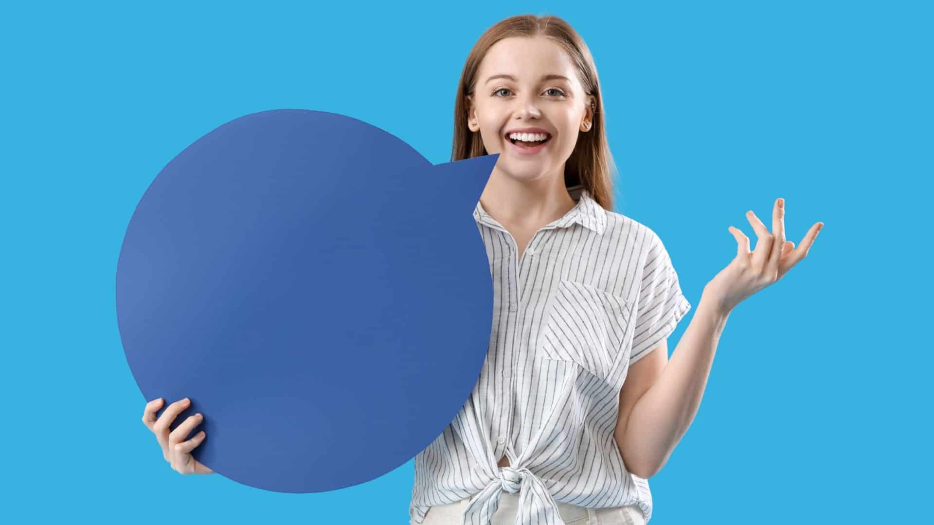 woman holding speech bubble on blue background - BNI 60 second commercial examples
