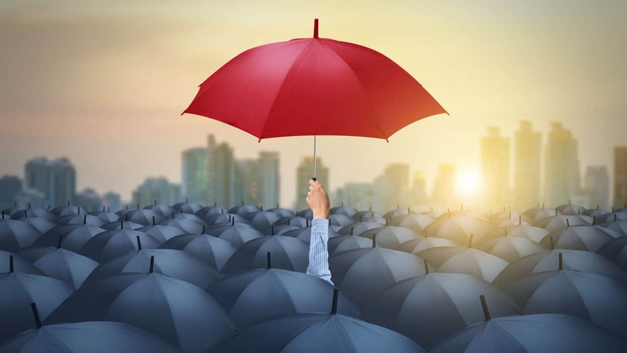 red umbrella above the crowd