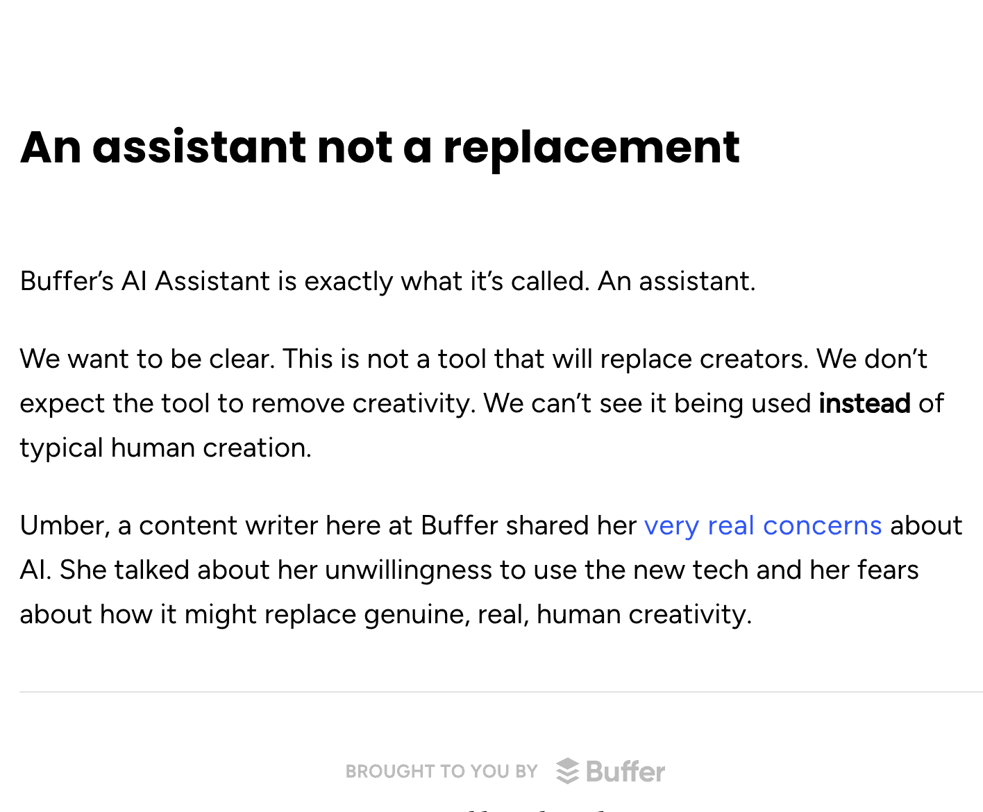 Buffer vs CoSchedule: One Tool’s Right for You—Let’s Find It 4 buffer vs coschedule. - buffer's AI philosophy