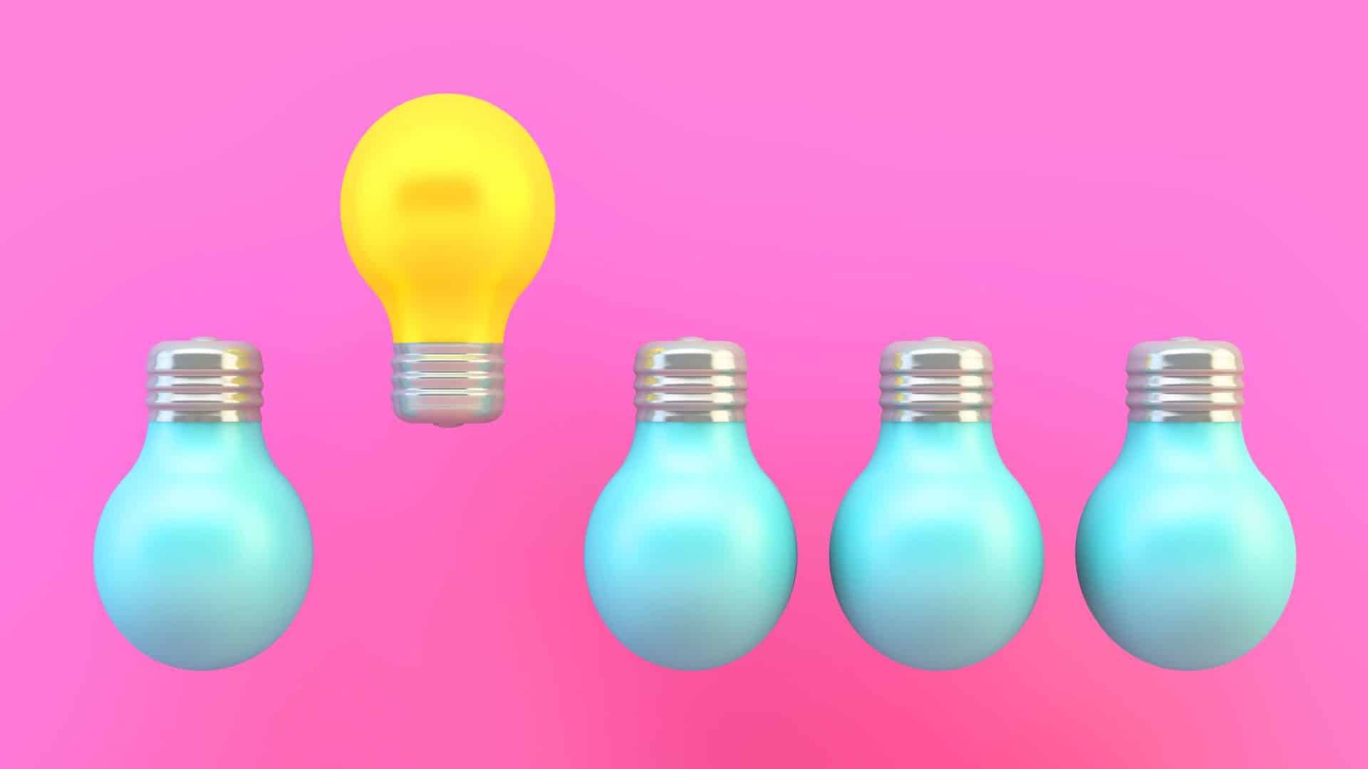 yellow light bulb standing out from blue light bulbs - effective brand building