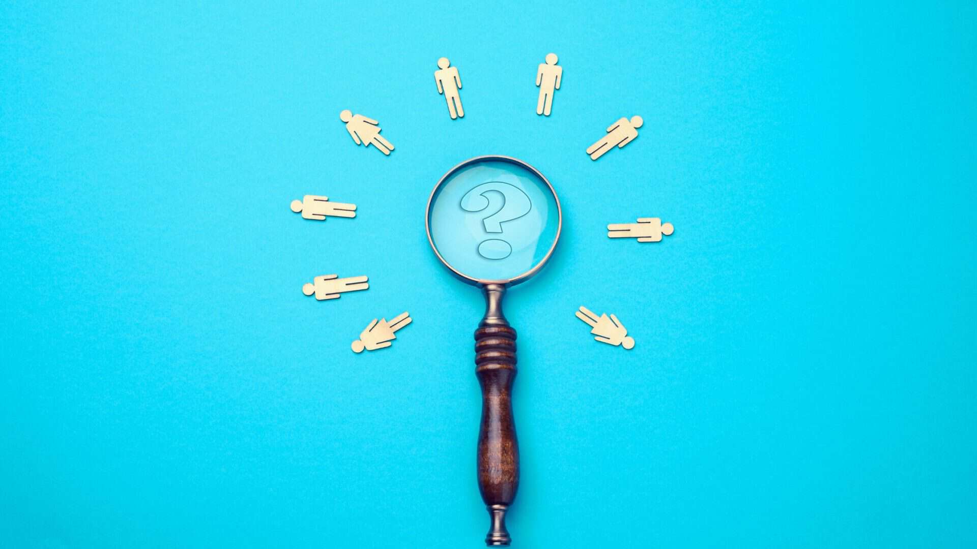 recession-proof customers - a magnifying glass on blue background with people icons surrounding it