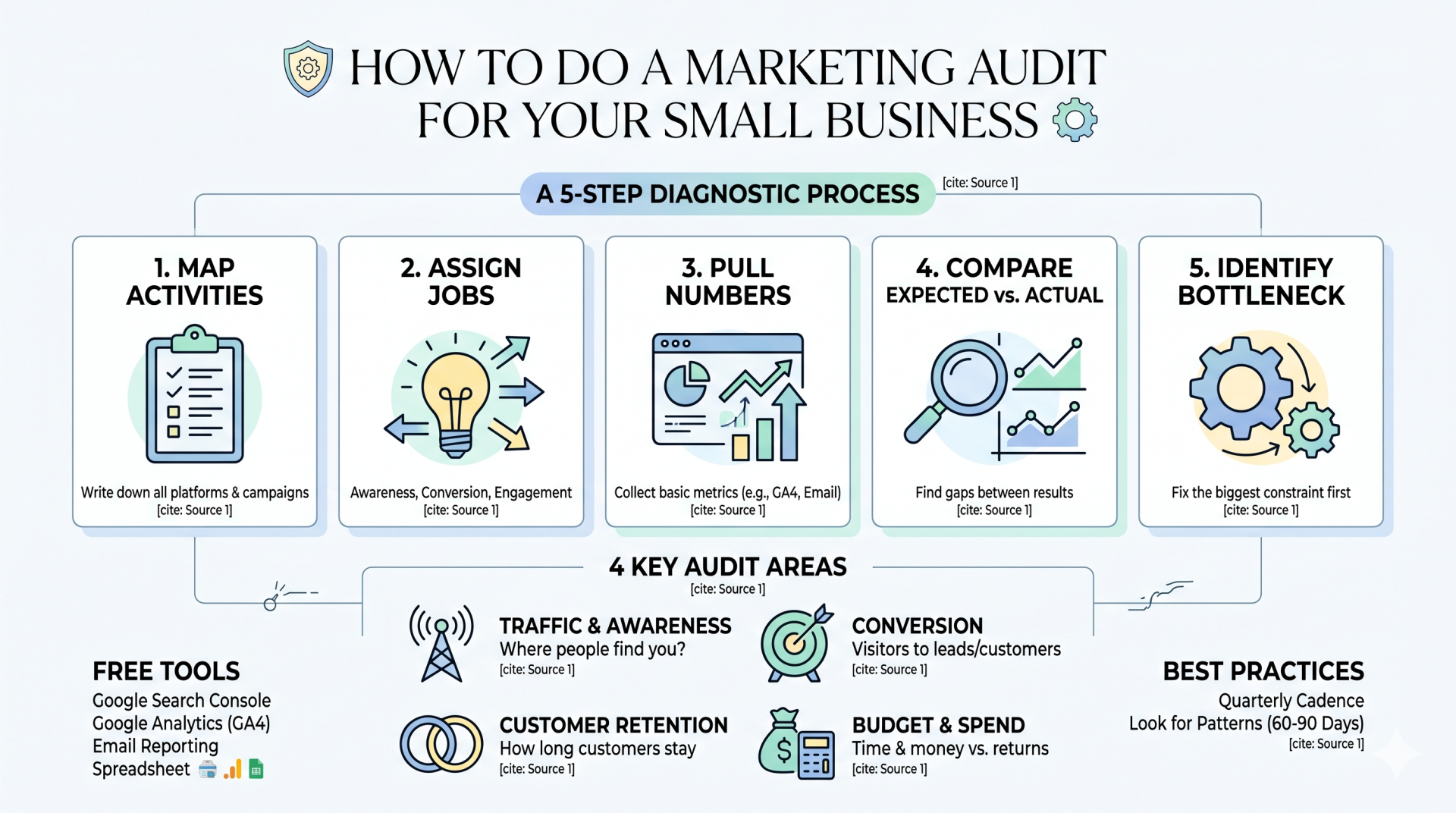 An infographic titled, 'How to do a Marketing Audit for your Small Business' that breaks down a five-step diagnostic process.