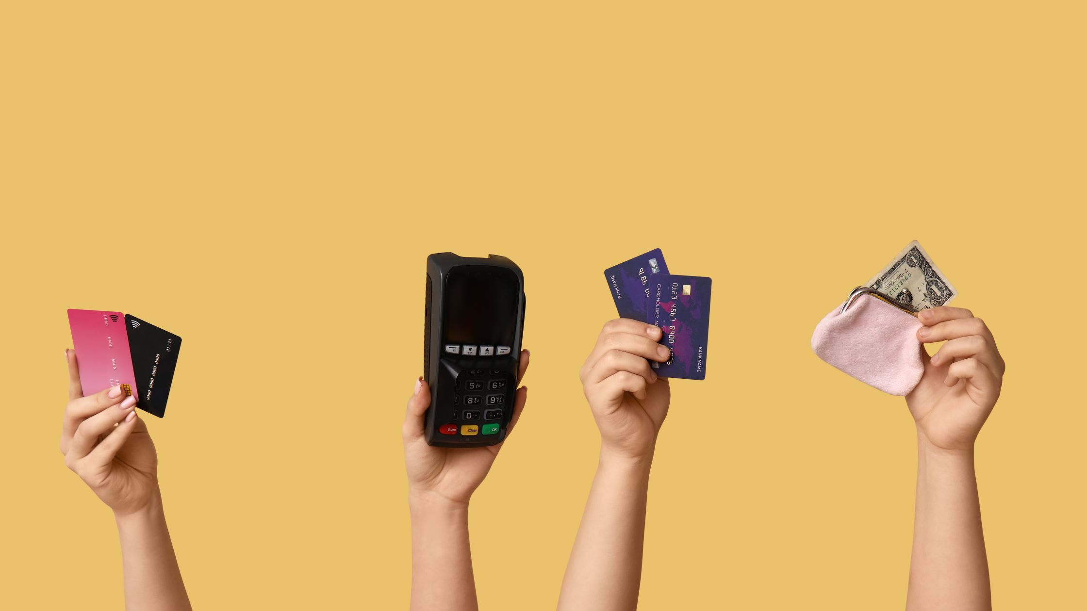 Hands holding payment methods and cash