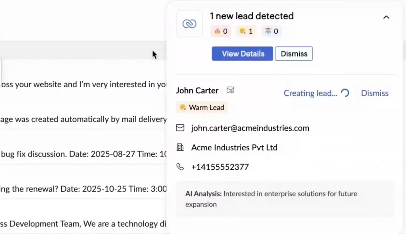 Zoho's AI Features - find lead and move to CRM