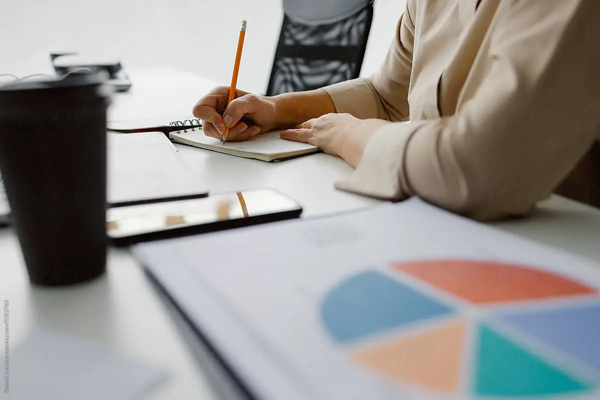 twitter analytics - Anonymous business chart write data statistic workplace. Unrecognised businessperson making handwritten records in copybook at table with thermos cup and financial charts aside