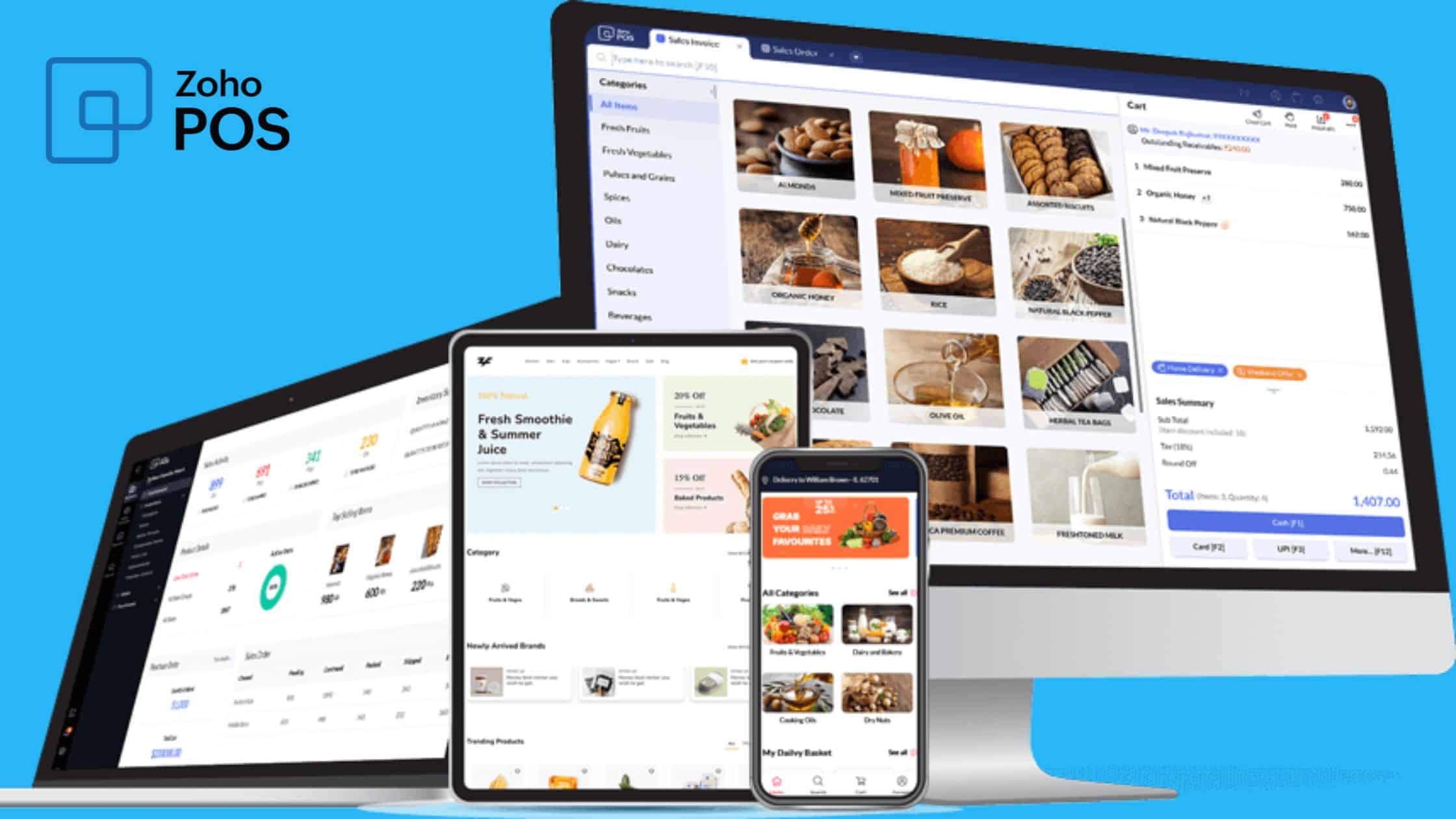 zoho pos review screen shots on desktop and mobile